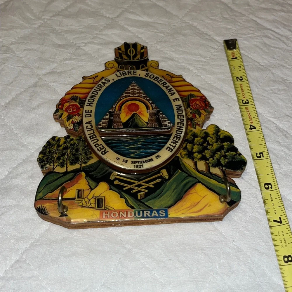 Lacquered Wood Colorful Coat Of Arms Of Honduras Wall Hanging Plaque